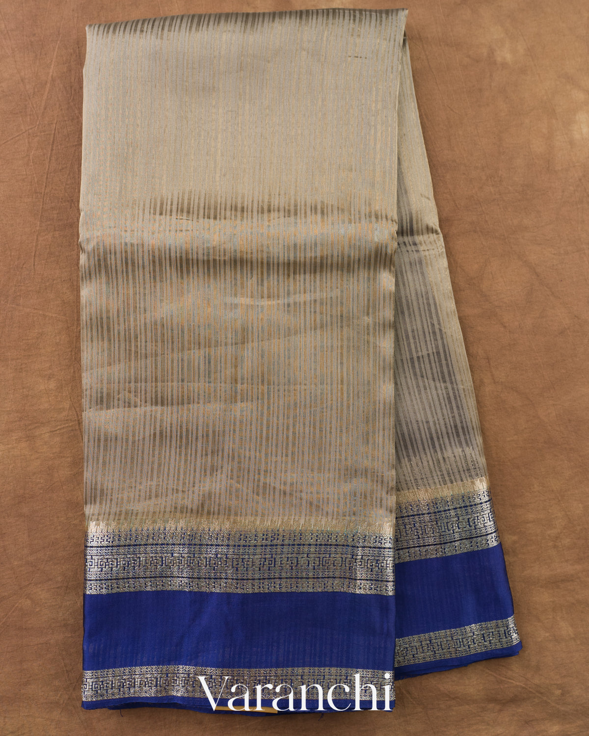 Deep Beige Striped Pure Katan Silk Saree