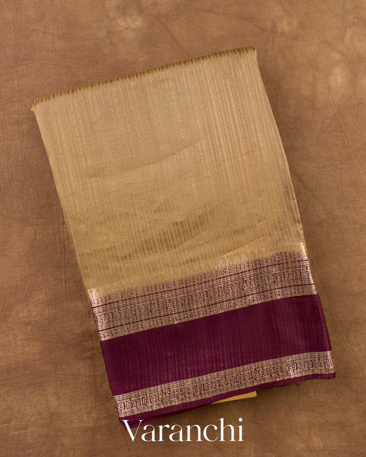 Deep Beige Striped Pure Katan Silk Saree