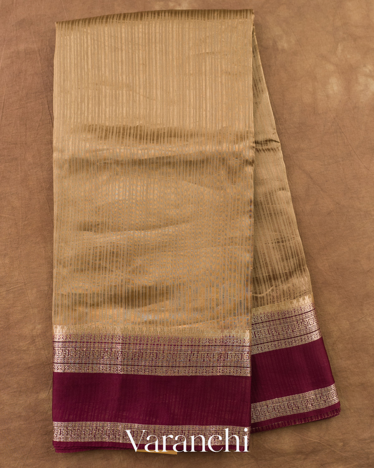 Deep Beige Striped Pure Katan Silk Saree