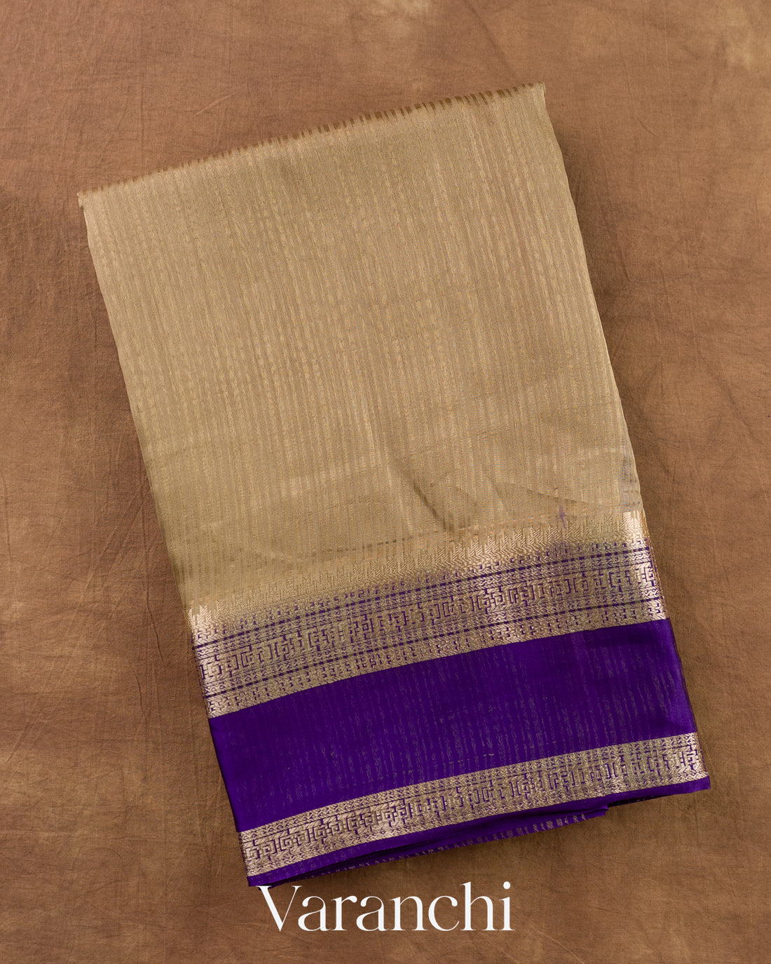 Deep Beige Striped Pure Katan Silk Saree