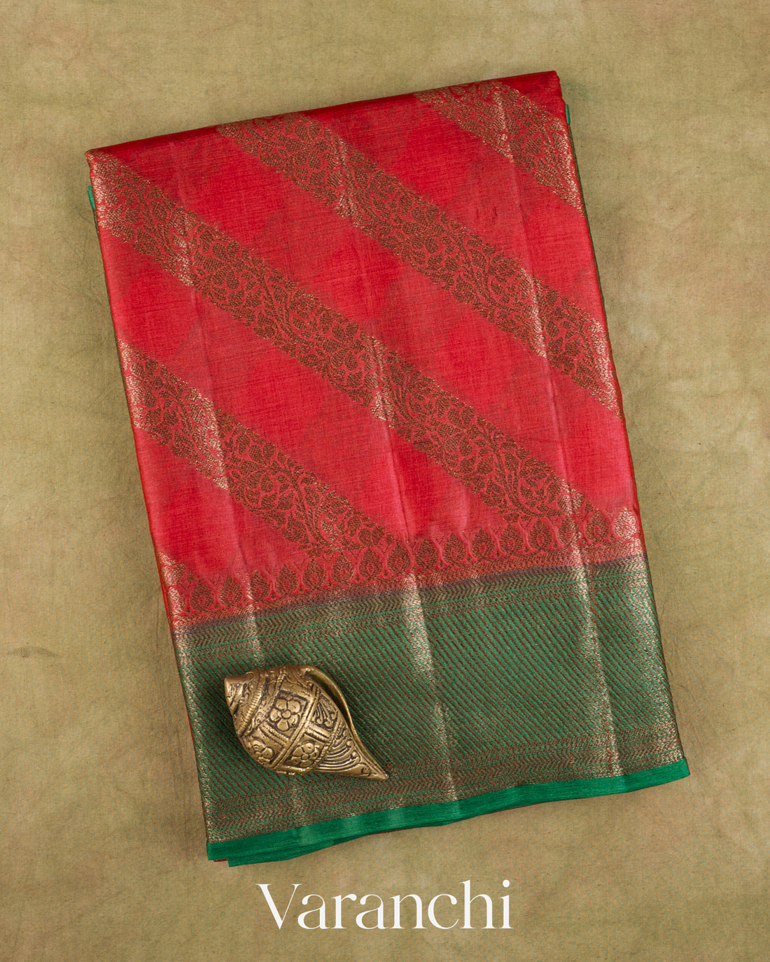 Tomato Red Lehariya Pure Tussar Silk Saree — Folded