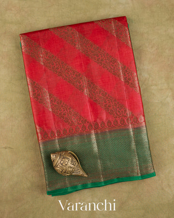 Tomato Red Lehariya Pure Tussar Silk Saree — Folded