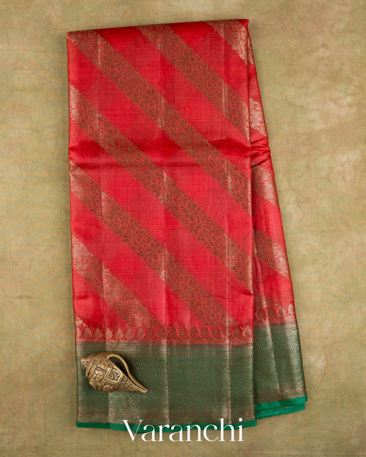 Tomato Red Lehariya Pure Tussar Silk Saree — Long Folded