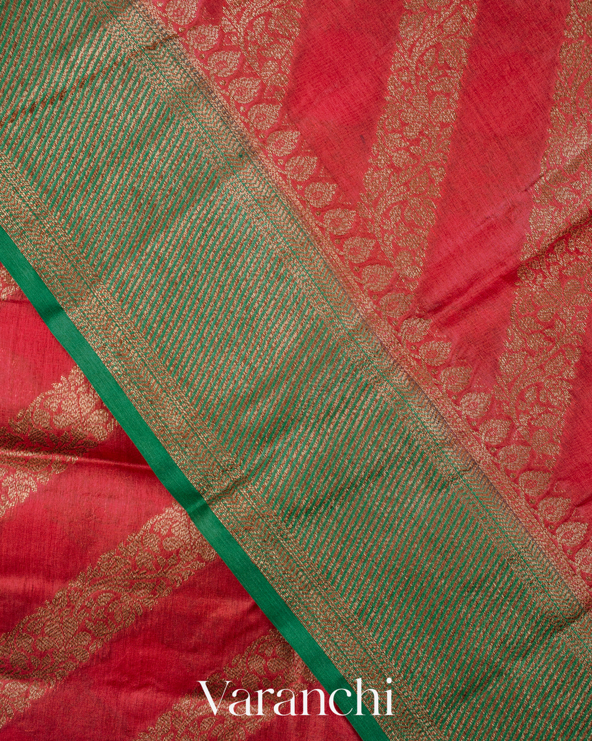 Tomato Red Lehariya Pure Tussar Silk Saree — Border