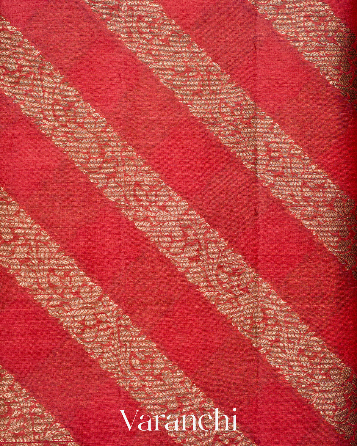 Tomato Red Lehariya Pure Tussar Silk Saree — Body