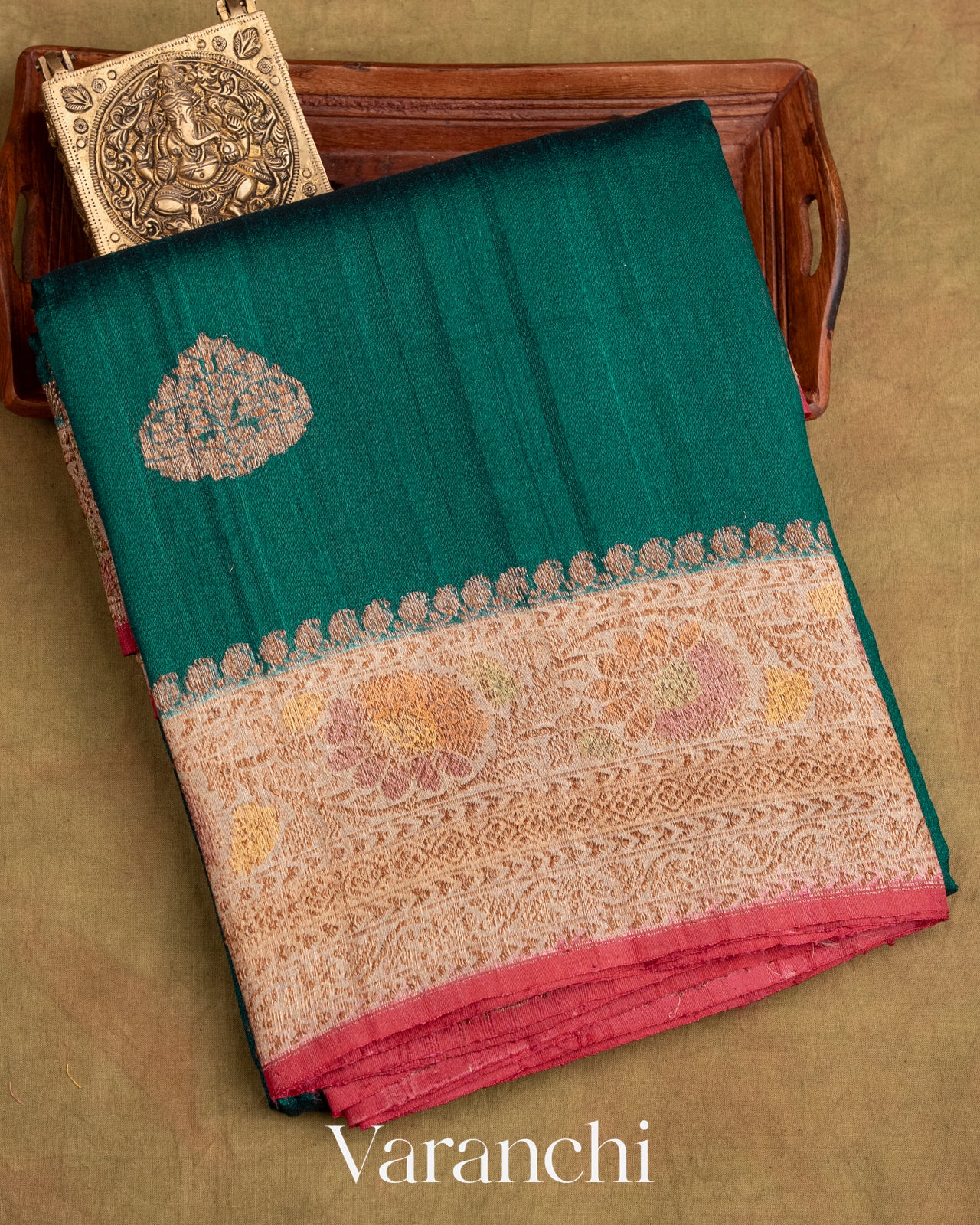 Teal Green Pure Tussar Silk Handlooom Saree