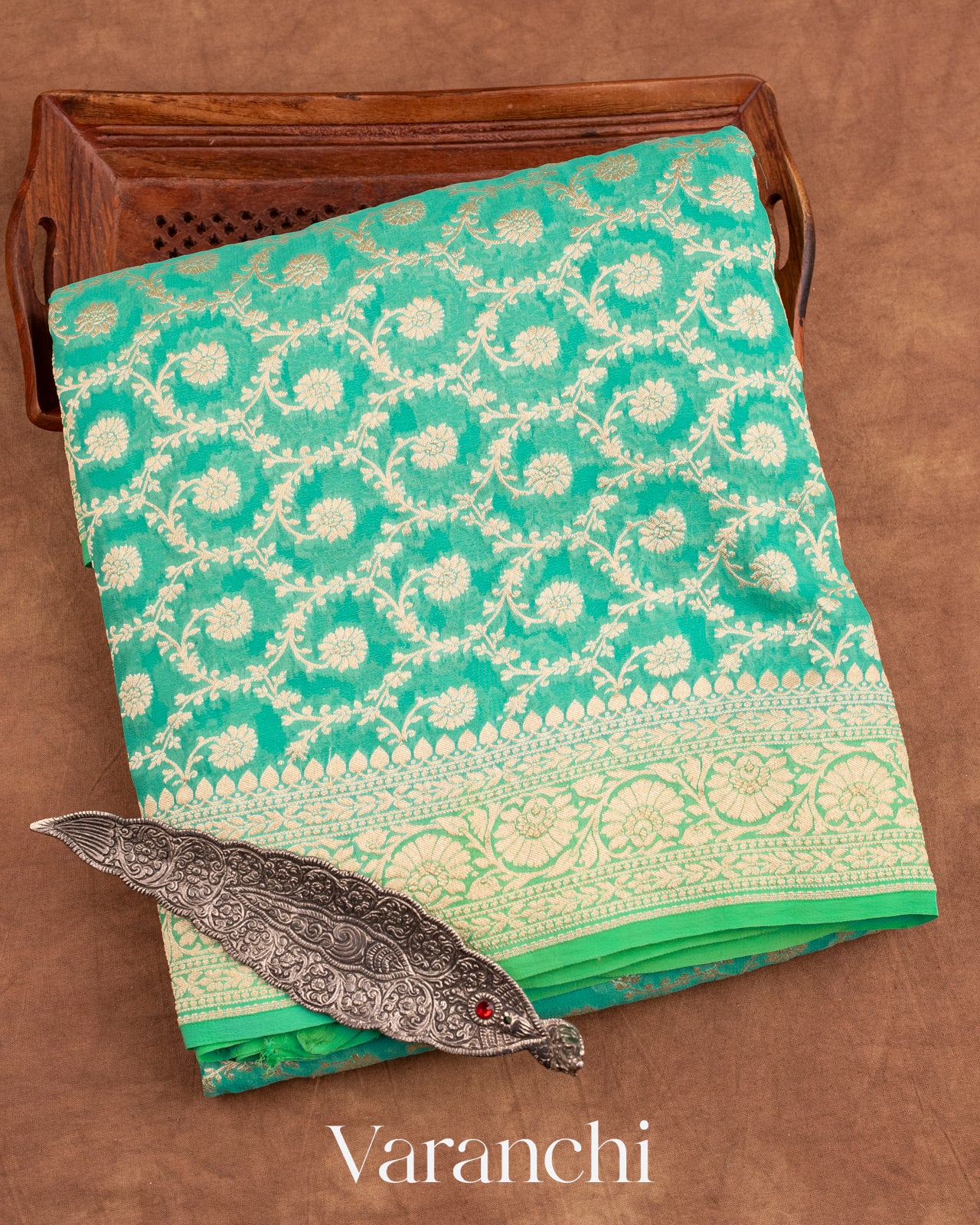 Aqua Green Pure Georgette Silk Handloom Saree