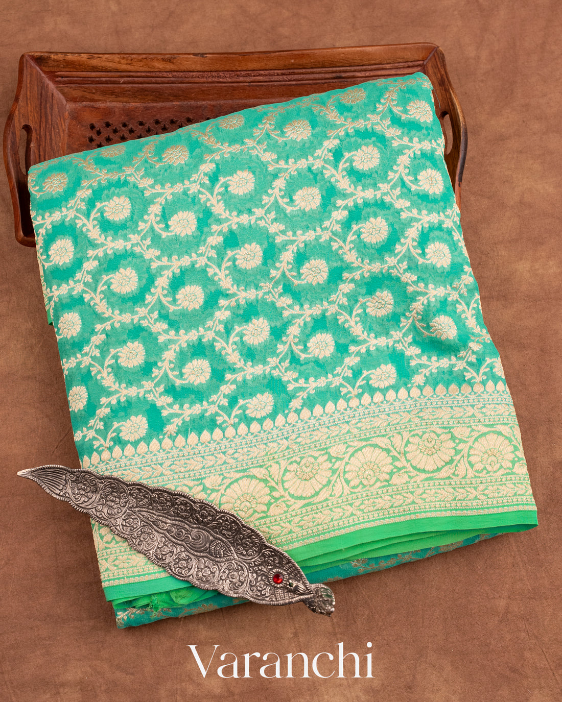 Aqua Green Pure Georgette Silk Handloom Saree