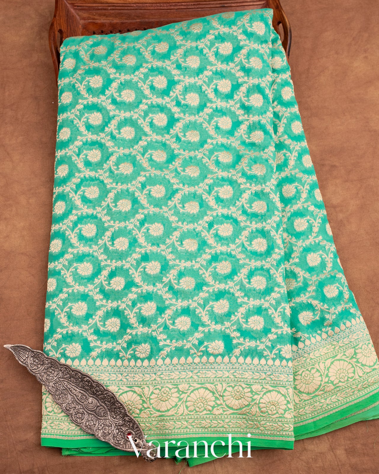 Aqua Green Pure Georgette Silk Handloom Saree