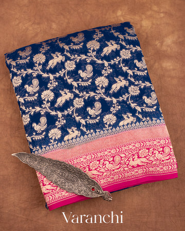 Navy Blue Shikargah Pure Georgette Silk Saree