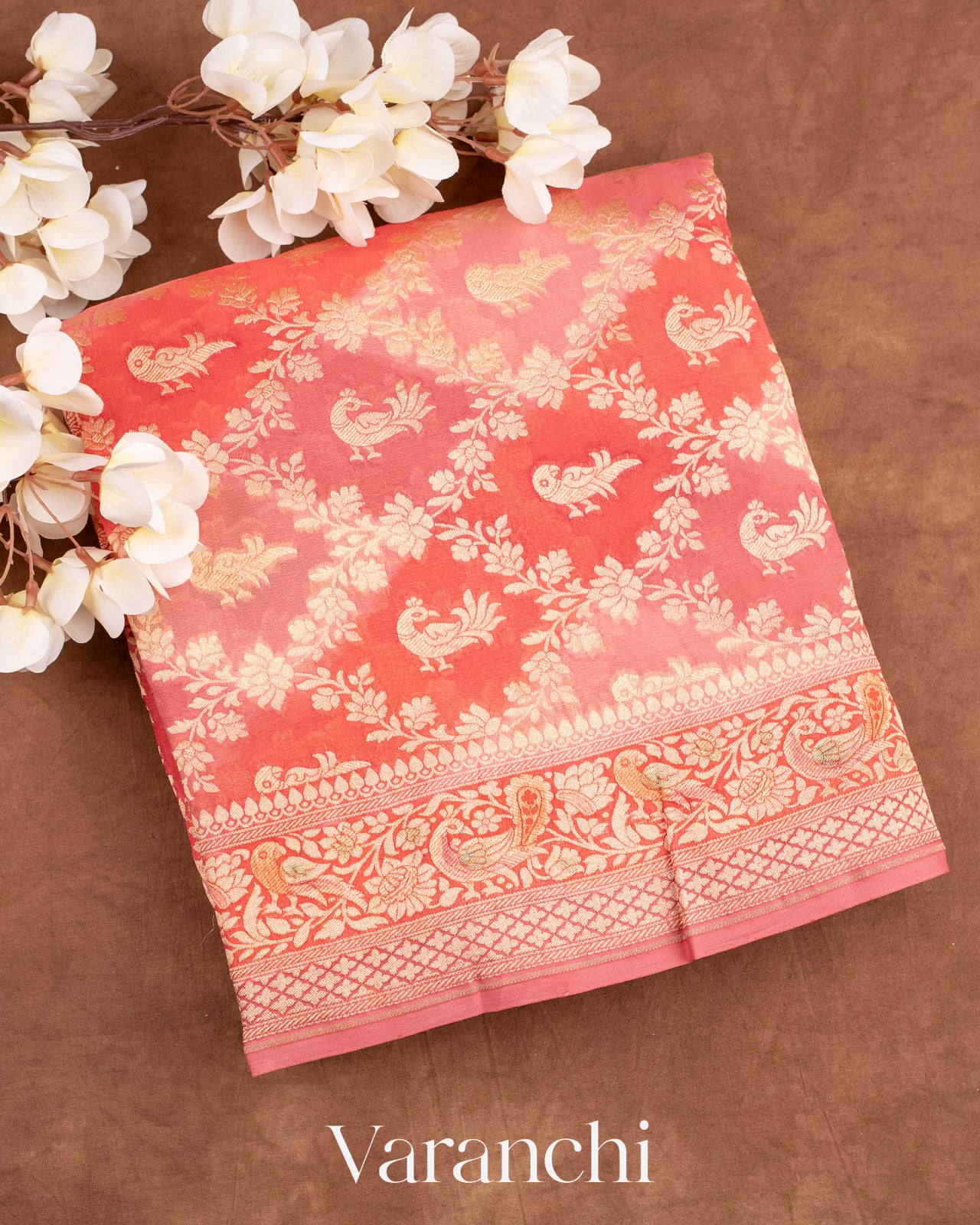Peach Rangkaat Pure Khaddi Georgette Silk Handloom Saree