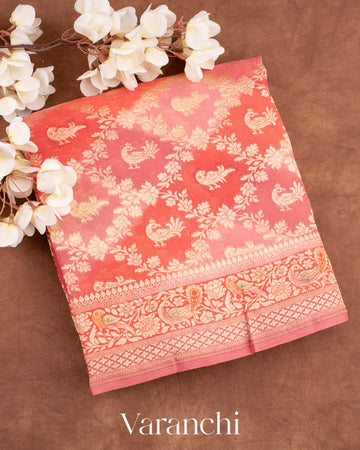 Peach Rangkaat Pure Khaddi Georgette Silk Handloom Saree