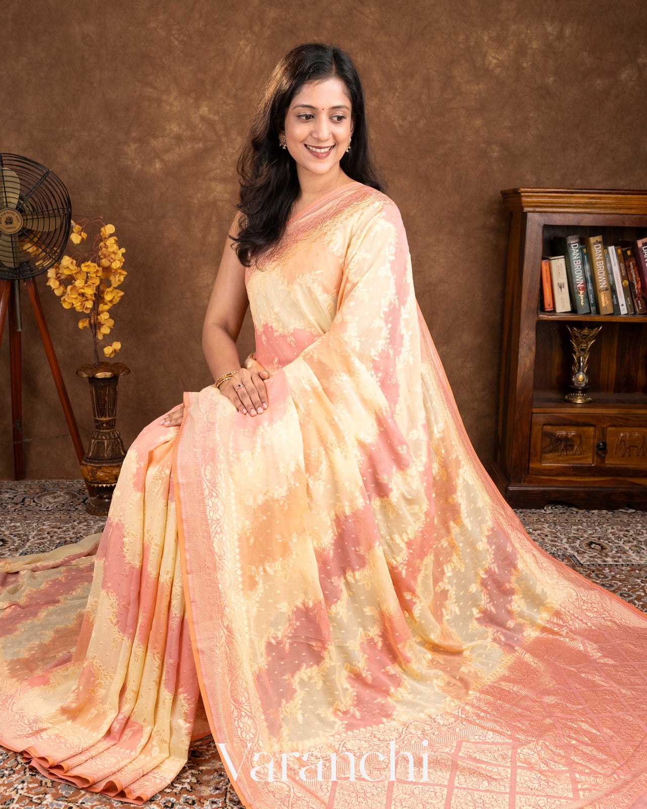 Baby Pink Tricolour Pure Khaddi Georgette Silk Handloom Saree