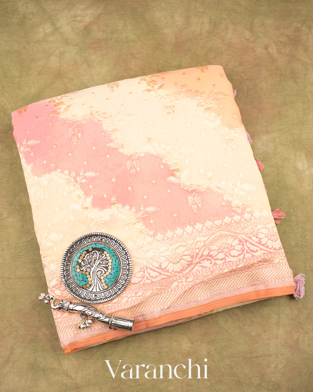 Baby Pink Tricolour Pure Khaddi Georgette Silk Handloom Saree