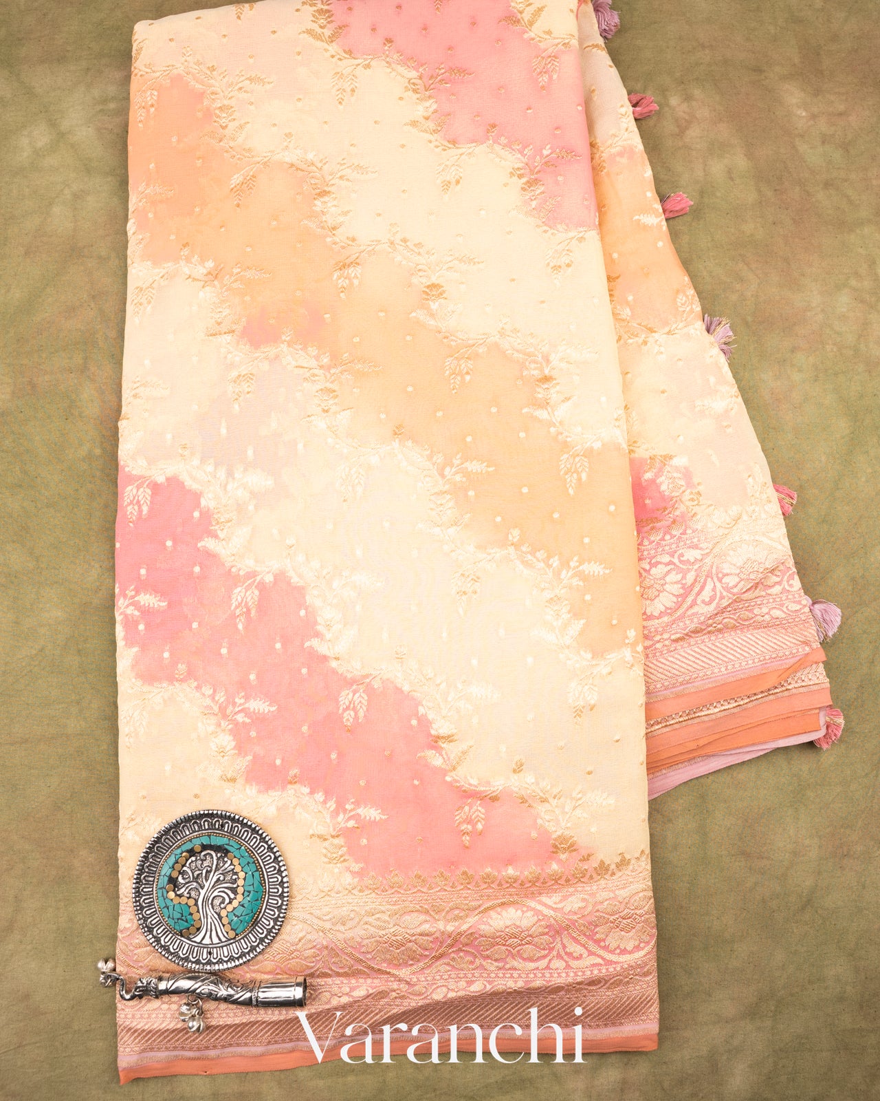 Baby Pink Tricolour Pure Khaddi Georgette Silk Handloom Saree