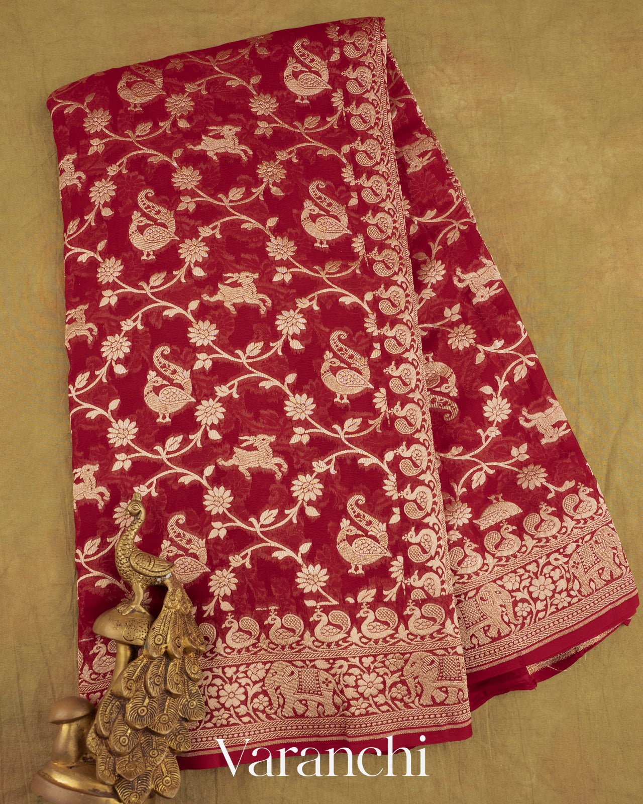 Deep Red Shikargah Pure Georgette Silk Saree