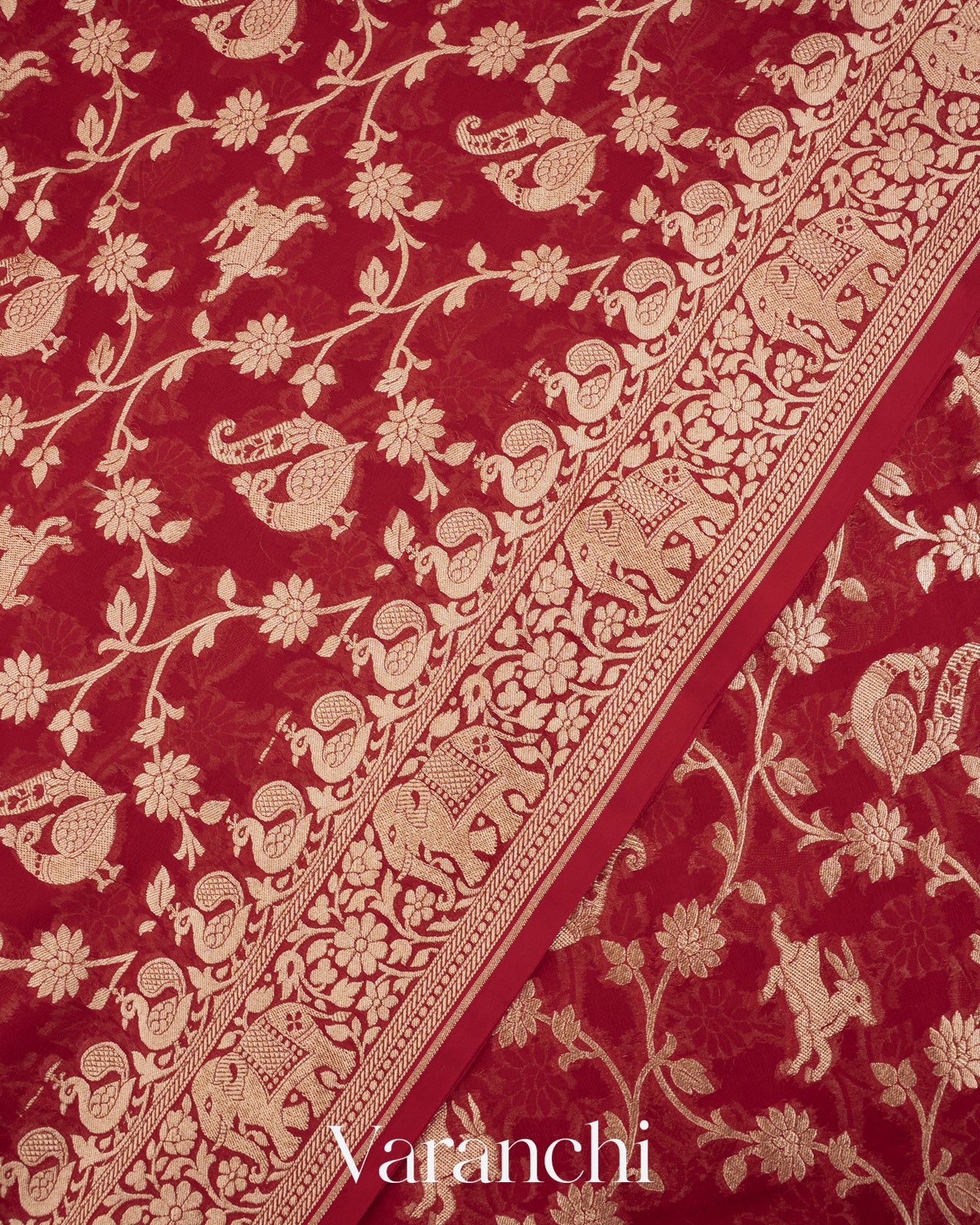 Deep Red Shikargah Pure Georgette Silk Saree