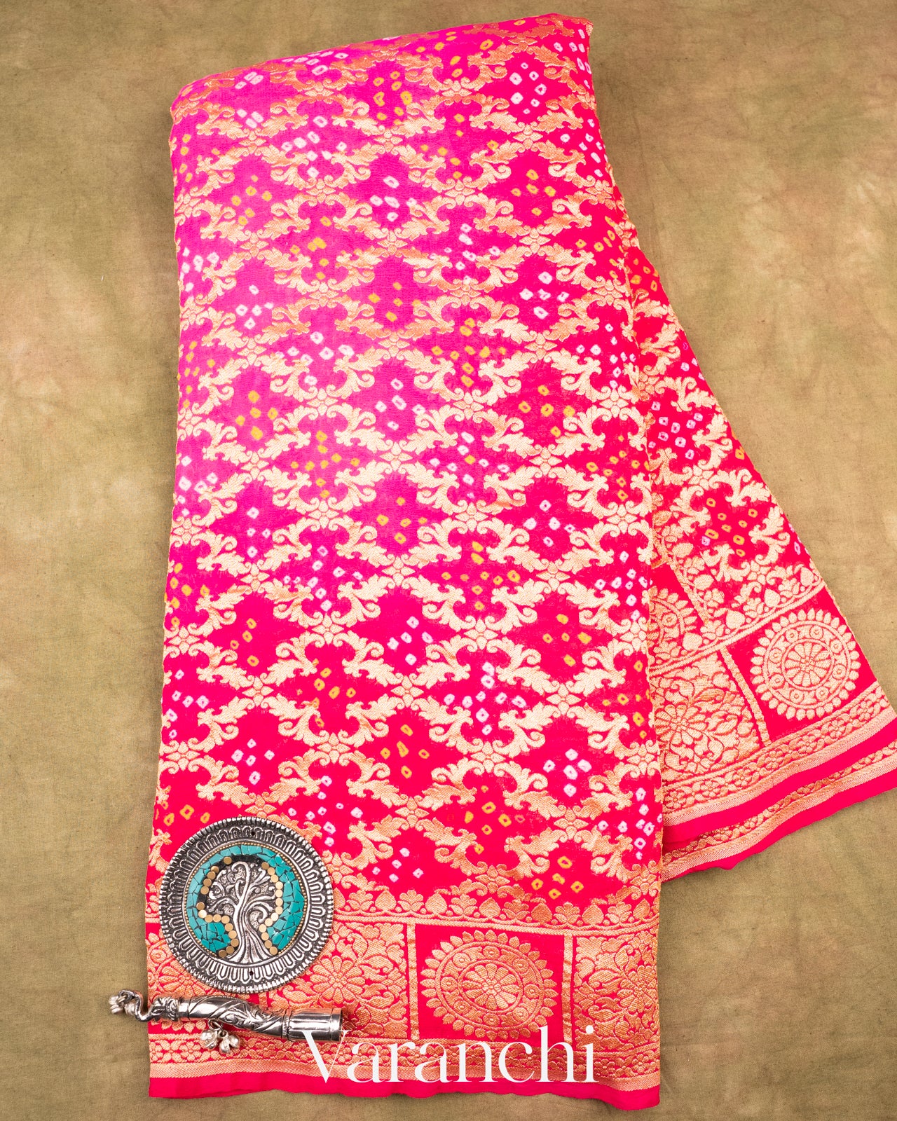 Red and Rani Pink Rangkaat Pure Khaddi Georgette Silk Saree