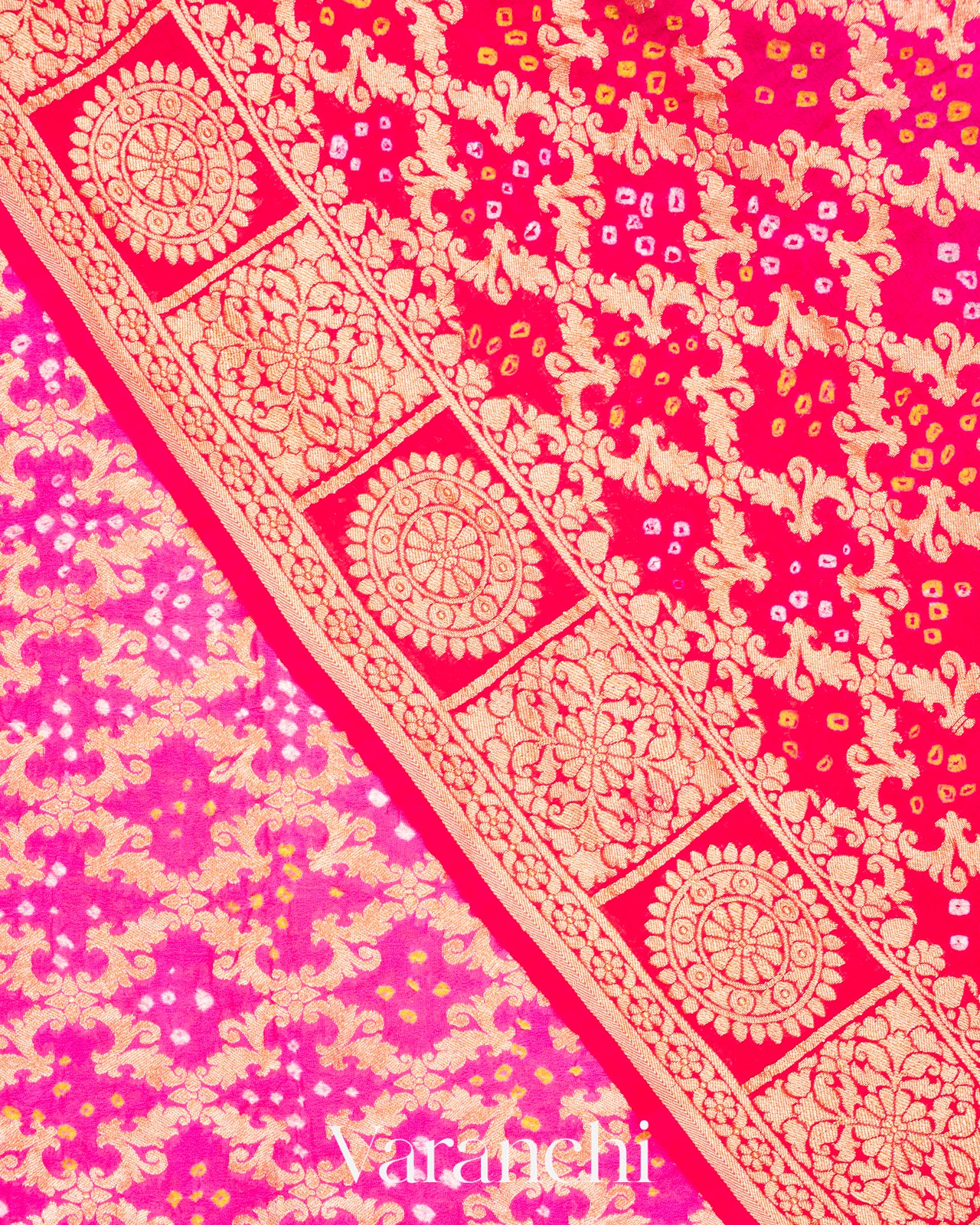 Red and Rani Pink Rangkaat Pure Khaddi Georgette Silk Saree