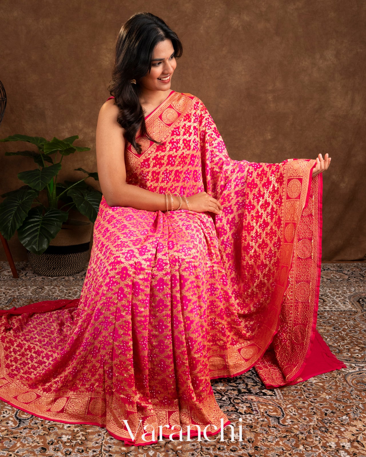 Red and Rani Pink Rangkaat Pure Khaddi Georgette Silk Saree