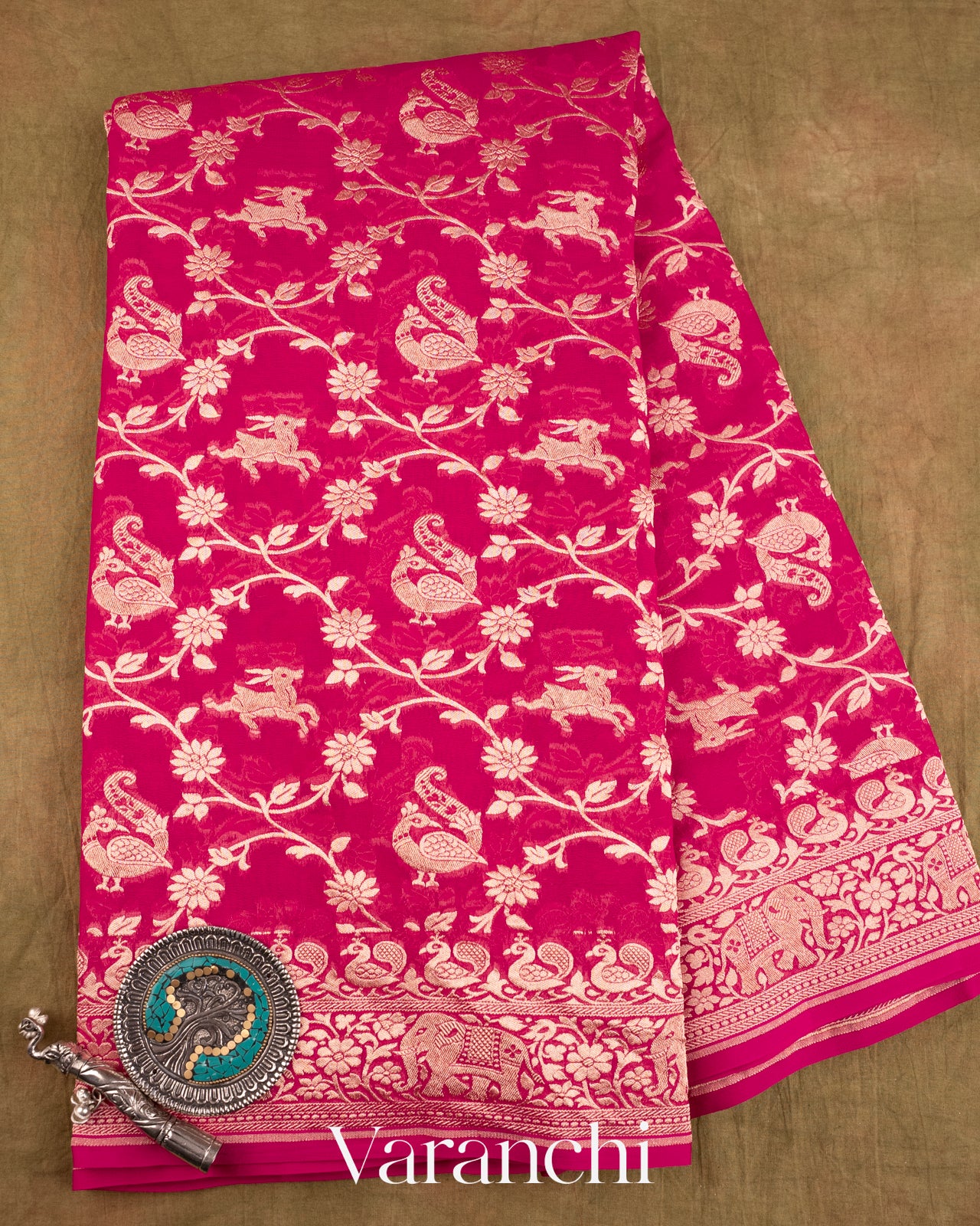 Rani Pink Shikargah Pure Georgette Silk Saree