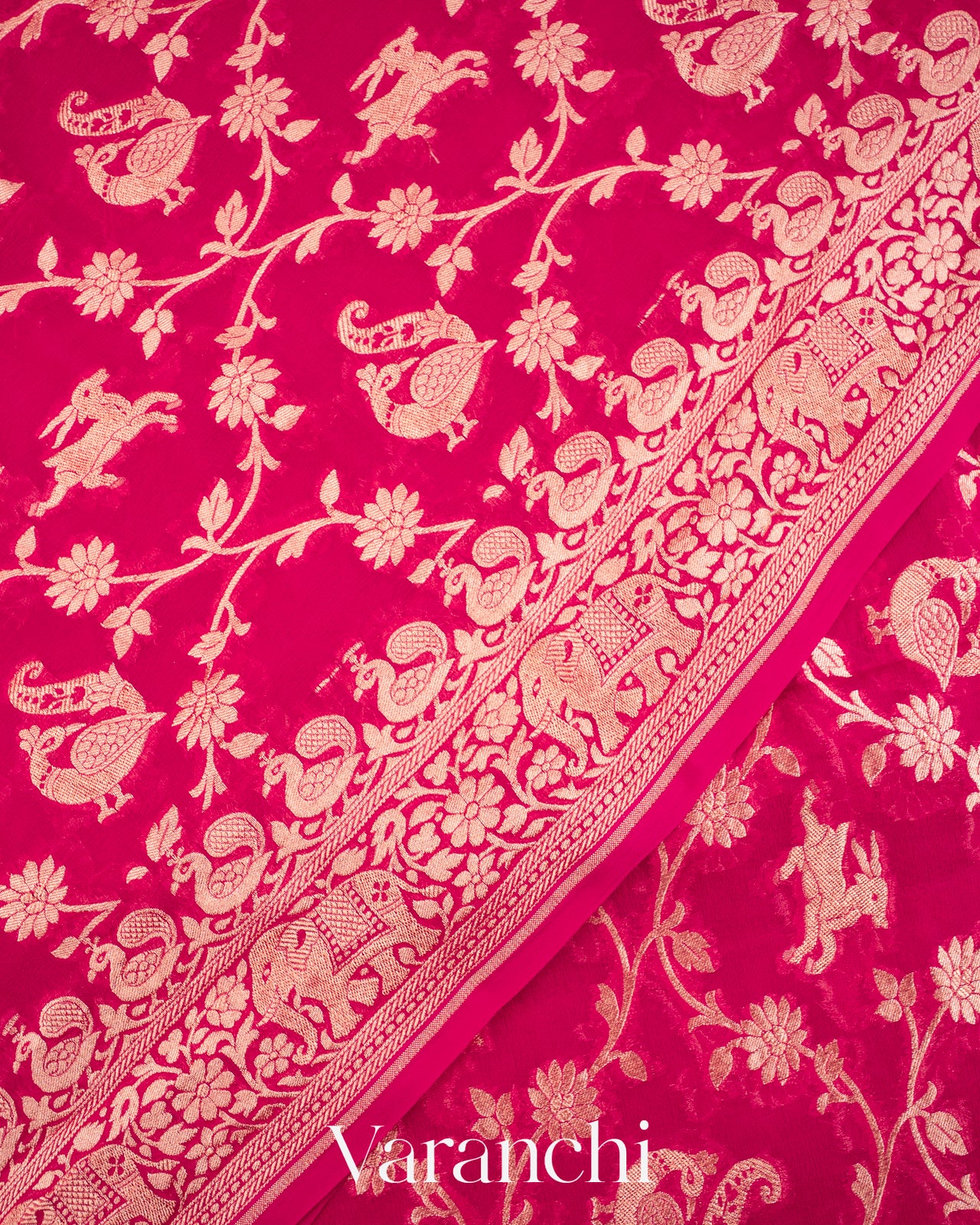 Rani Pink Shikargah Pure Georgette Silk Saree