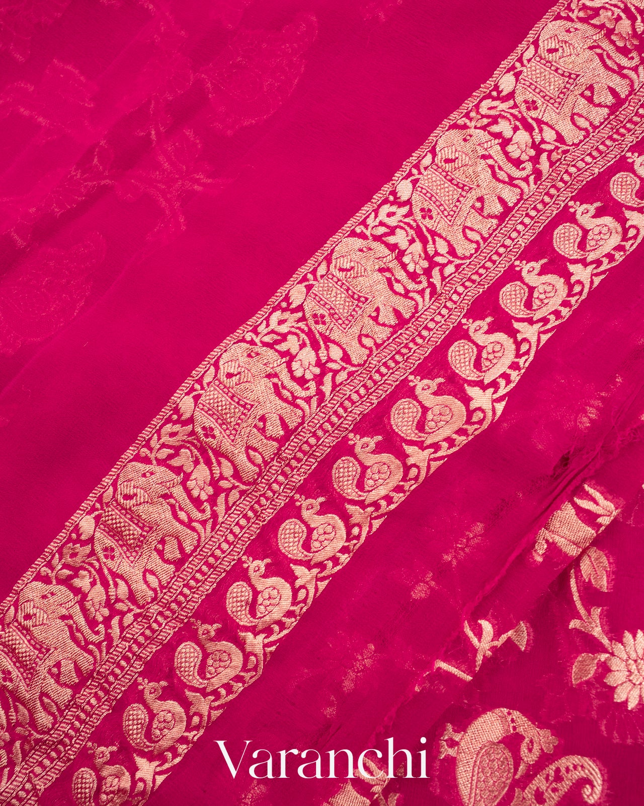 Rani Pink Shikargah Pure Georgette Silk Saree