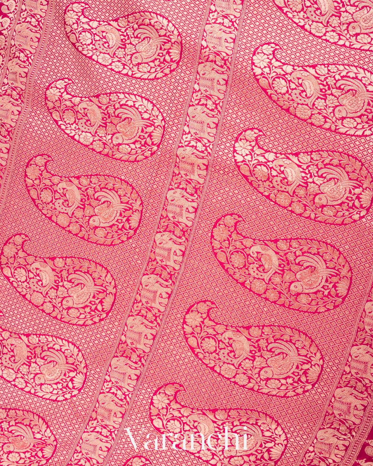 Rani Pink Shikargah Pure Georgette Silk Saree