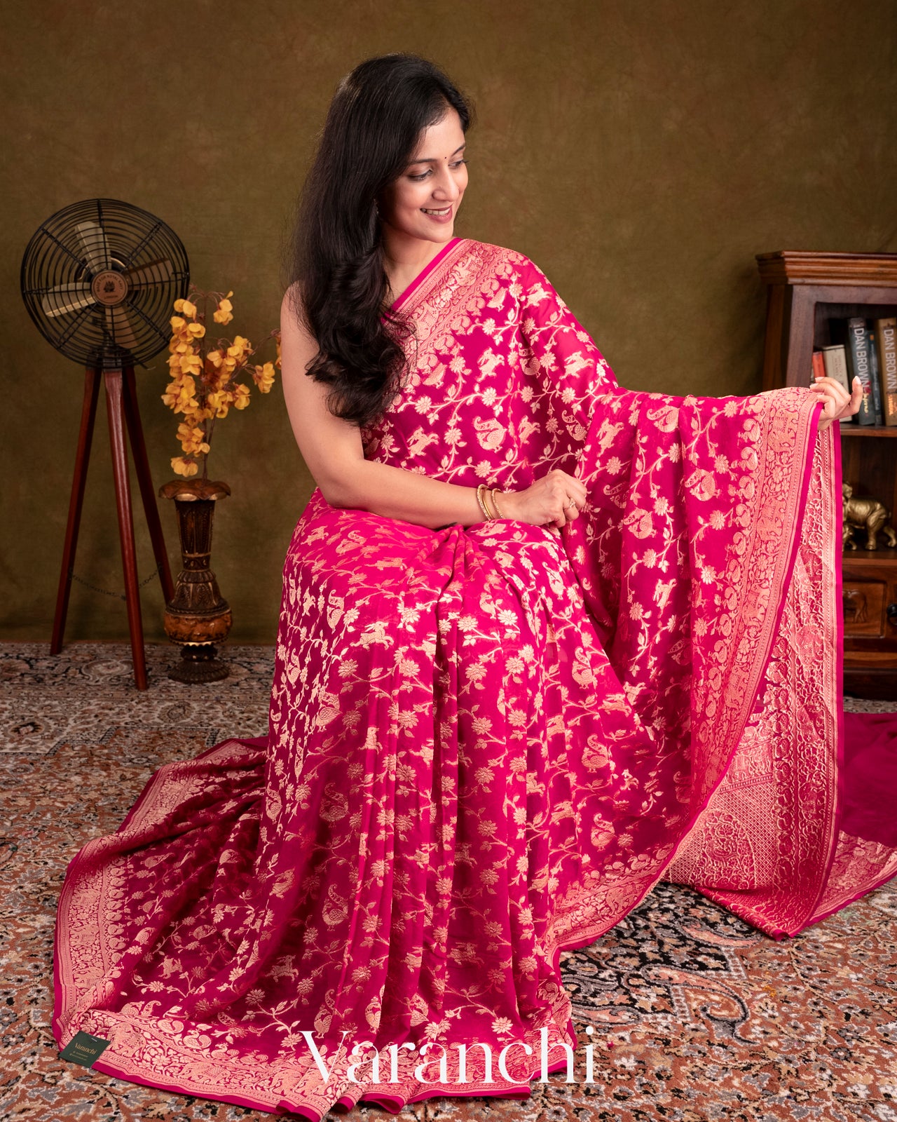 Rani Pink Shikargah Pure Georgette Silk Saree