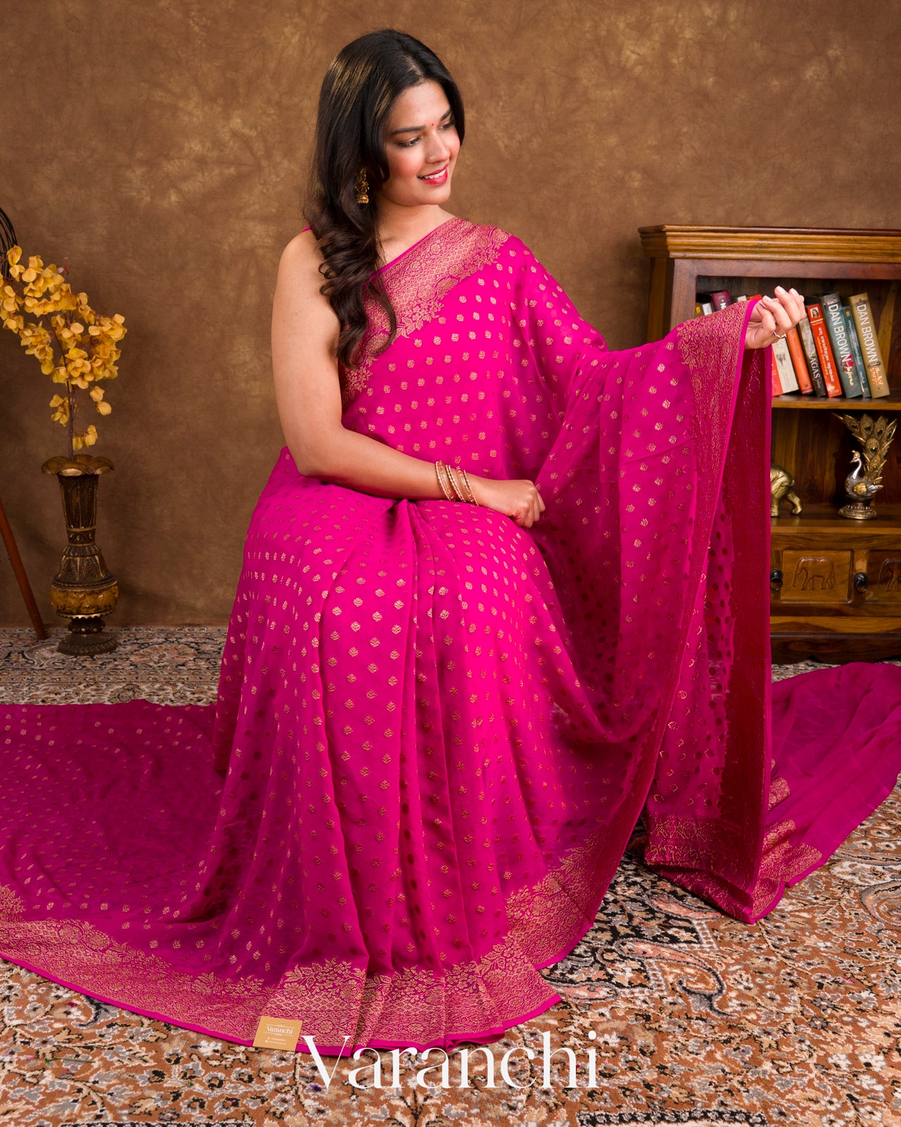 Rani Pink Pure Georgette Silk Handloom Saree 