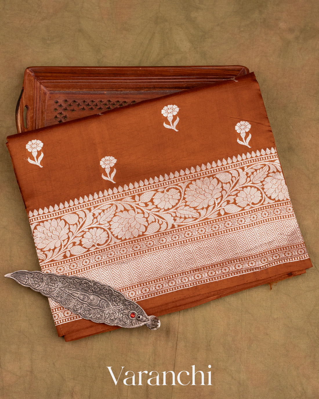 Rust Brown Pure Raw Mango Silk Handloom Saree