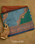 Green and Blue Tricolour Pure Raw Silk Handloom Saree