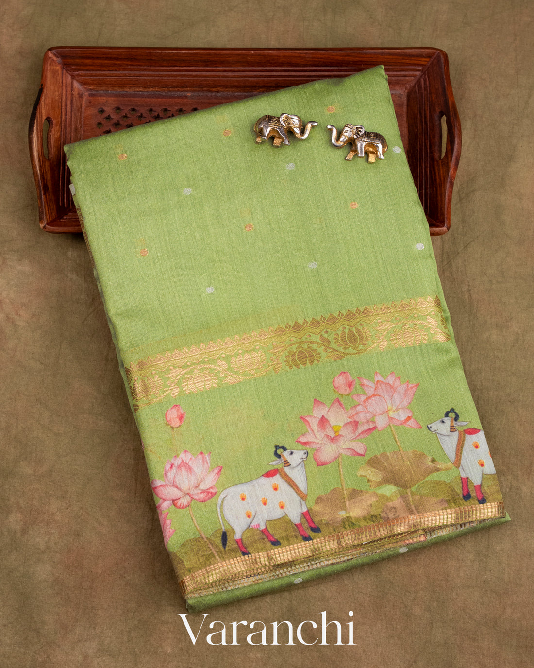Muted Lemon Green Pure Moonga Silk Saree