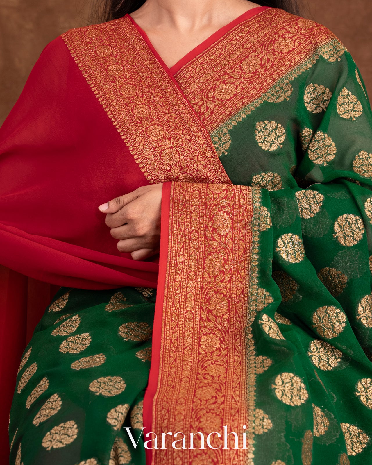 Bottle Green And Red Pure Georgette Silk Saree