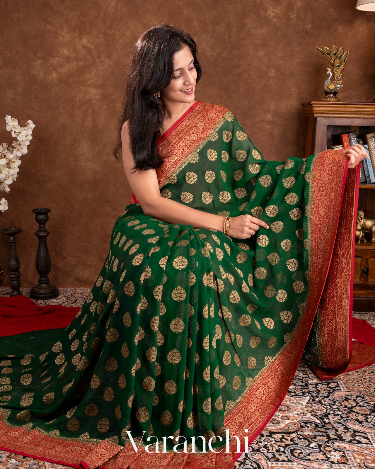 Bottle Green And Red Pure Georgette Silk Saree