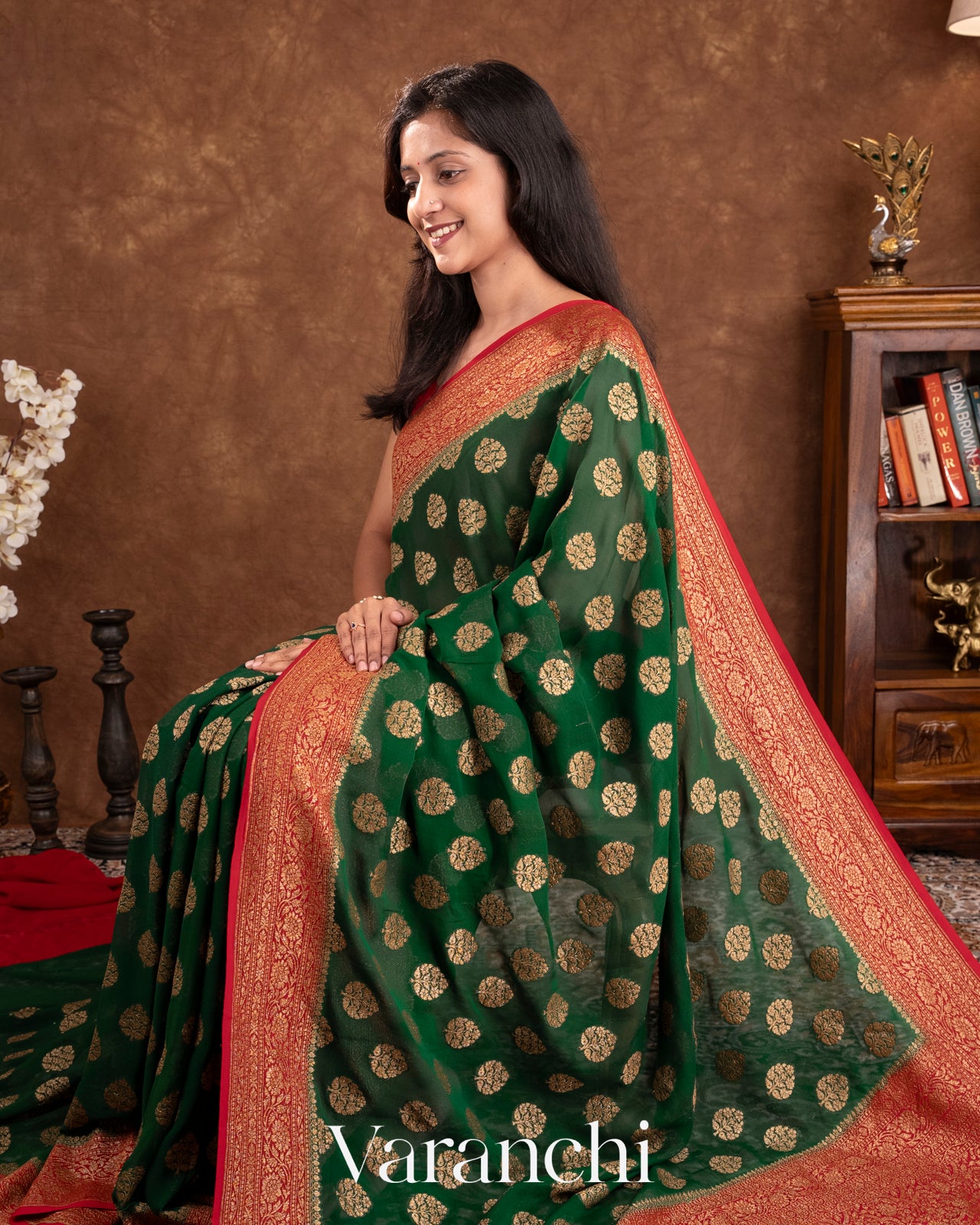 Bottle Green And Red Pure Georgette Silk Saree