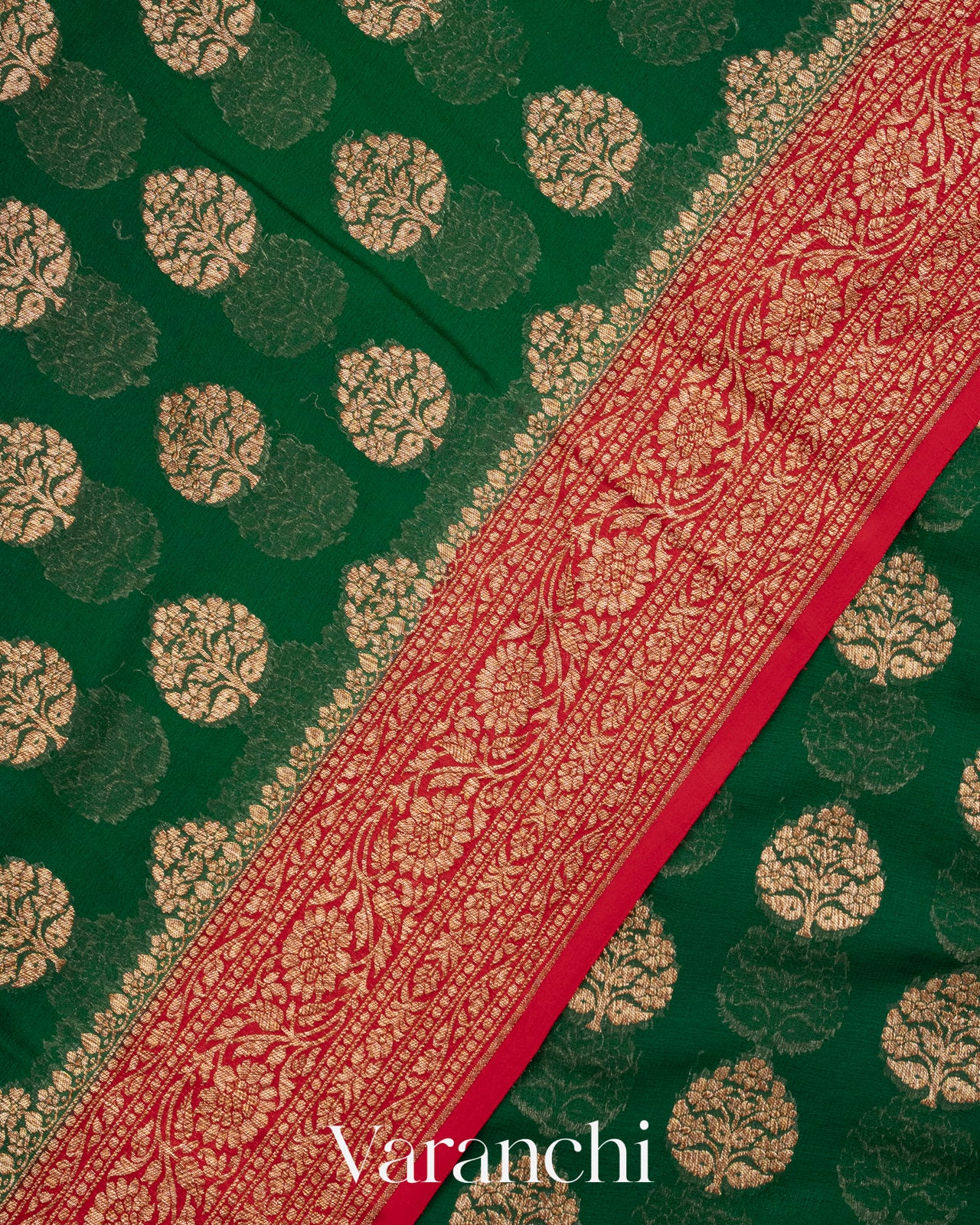 Bottle Green And Red Pure Georgette Silk Saree