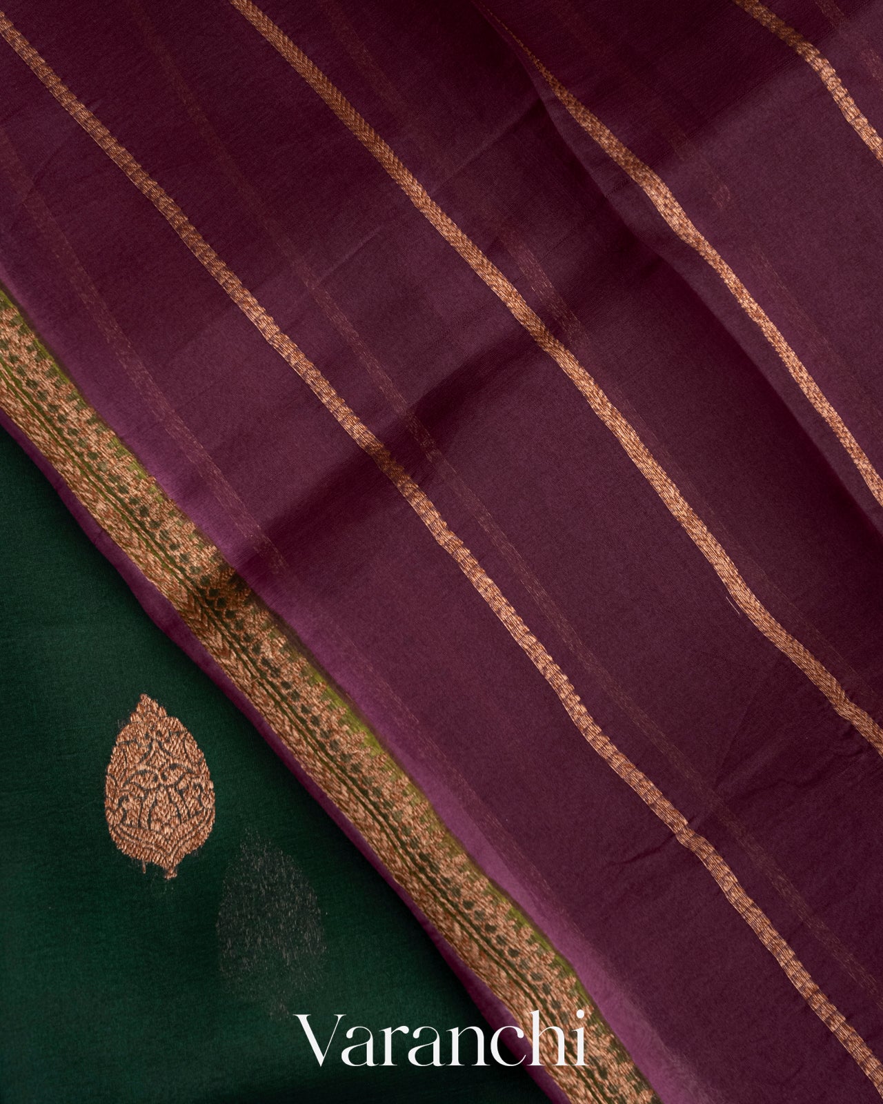 Bottle Green and Wine Pure Kora Silk Handloom Saree