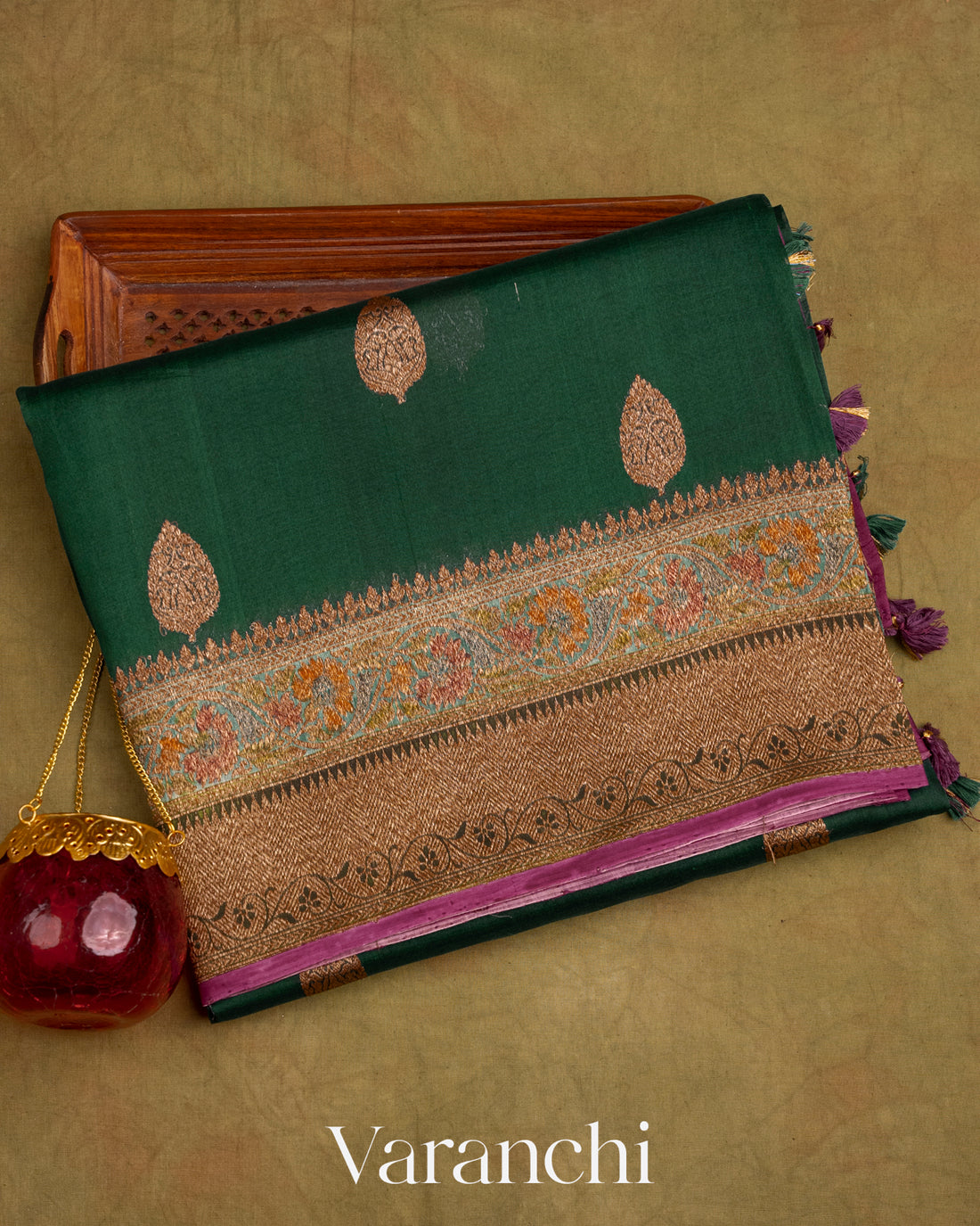 Bottle Green and Wine Pure Kora Silk Handloom Saree