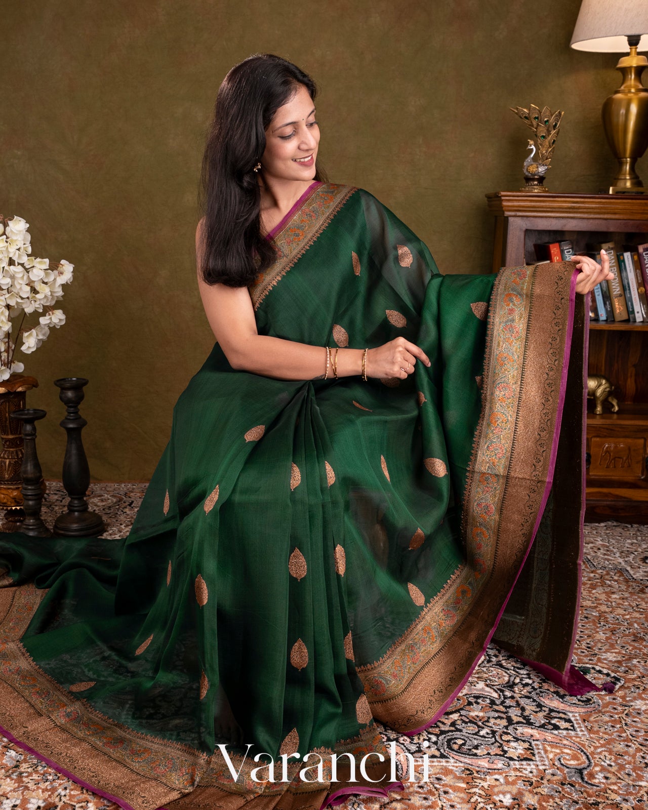 Bottle Green and Wine Pure Kora Silk Handloom Saree