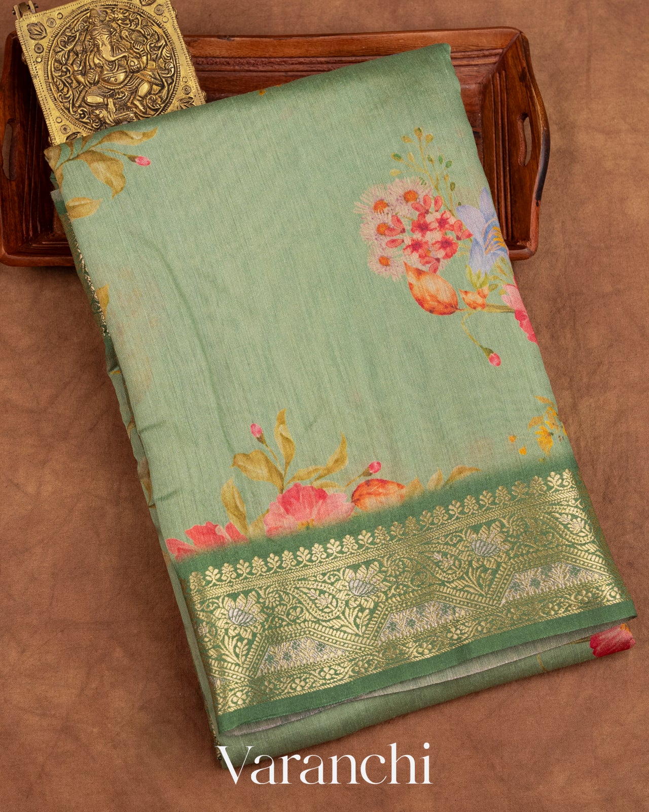 Pastel Green Floral Printed Pure Moonga Silk Saree