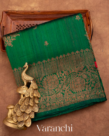 Bottle Green Pure Raw Silk Handloom Saree