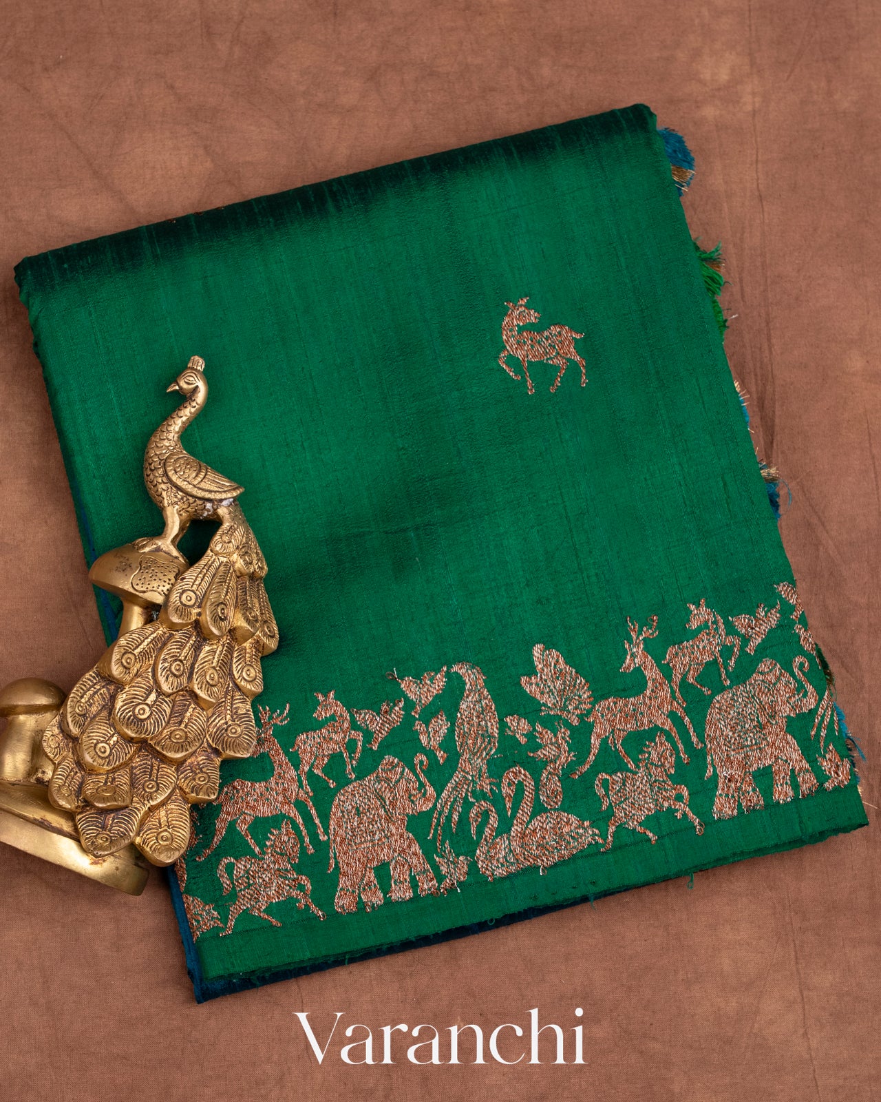 Dark Green and Peacock Blue Ombre-Dyed Raw Silk Handloom Saree