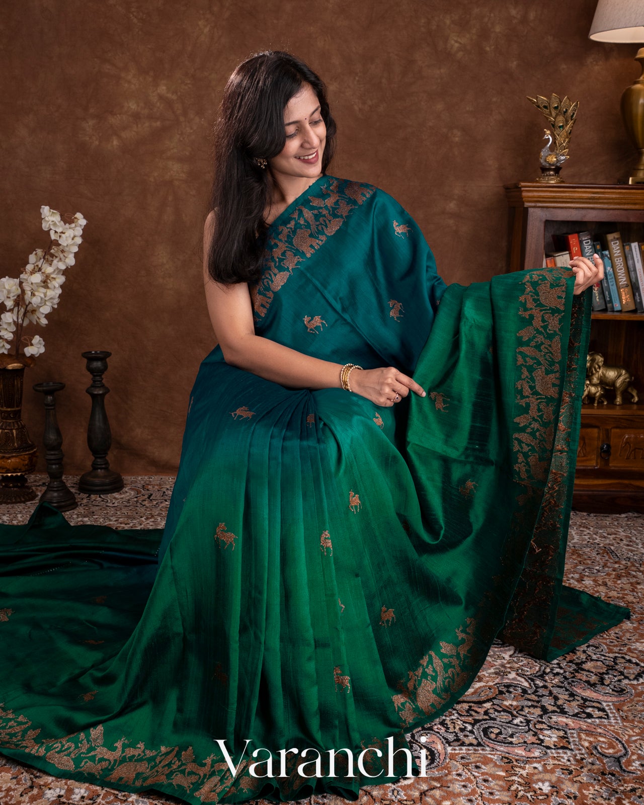 Dark Green and Peacock Blue Ombre-Dyed Raw Silk Handloom Saree