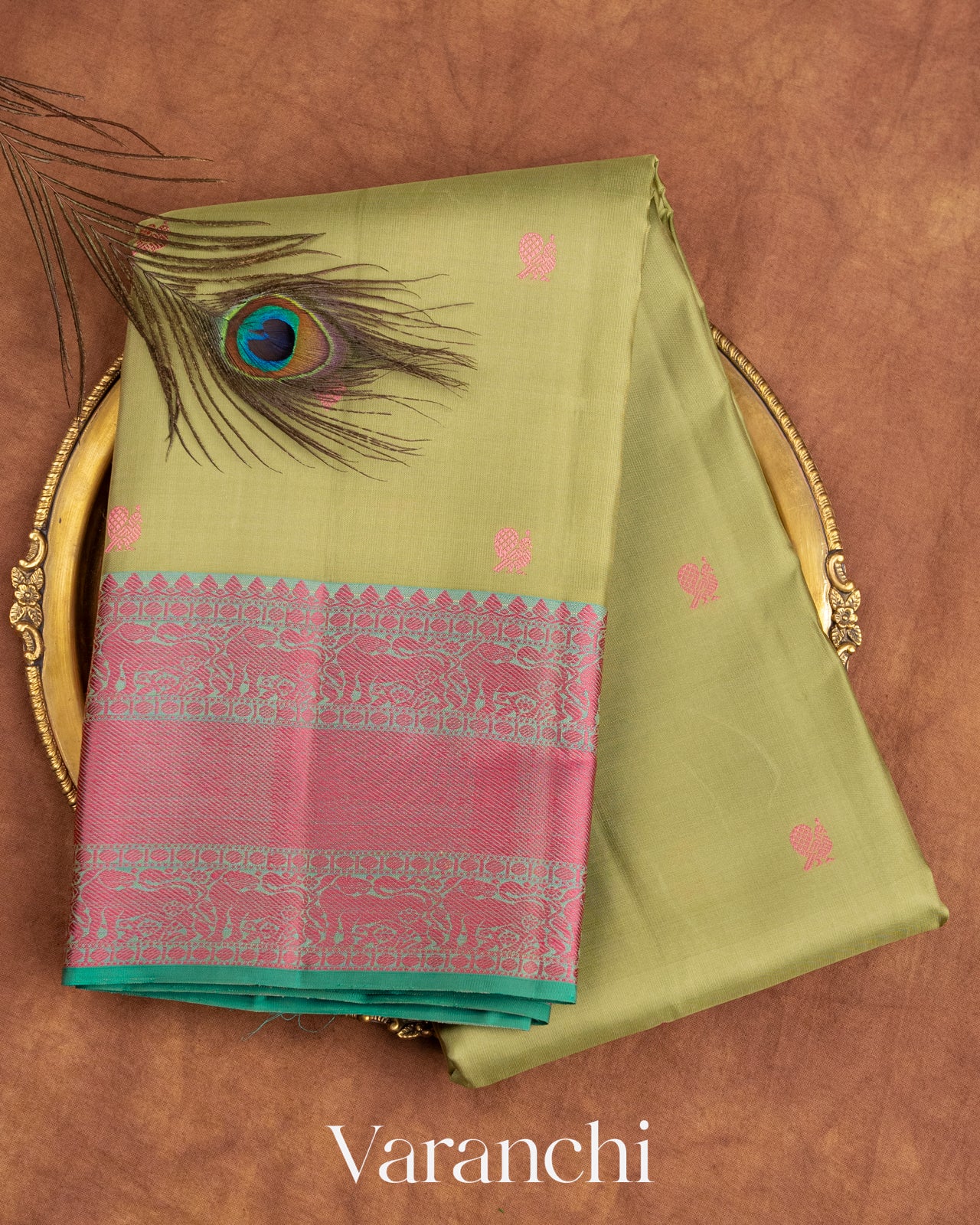 Sage Green Threadwork Pure Kanchipuram Silk Handloom Saree