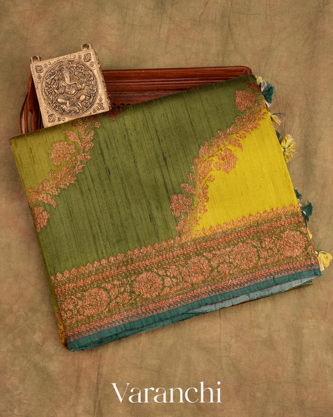 Olive Green Tricolour Rangkaat Raw Silk Handloom Saree