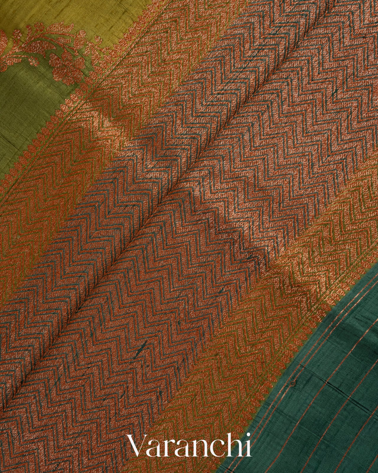 Olive Green Tricolour Rangkaat Raw Silk Handloom Saree