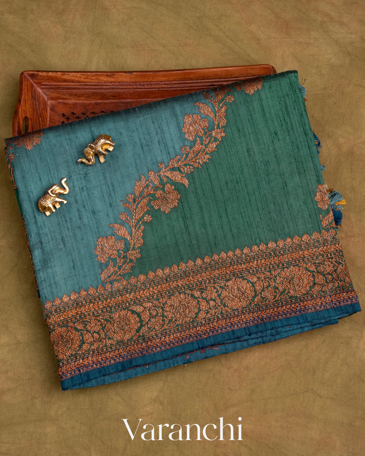 Green and Blue Tricolour Pure Raw Silk Handloom Saree