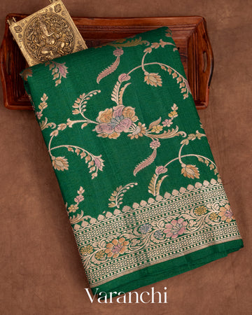 Dark Green Pure Tussar Georgette Silk Handloom Saree