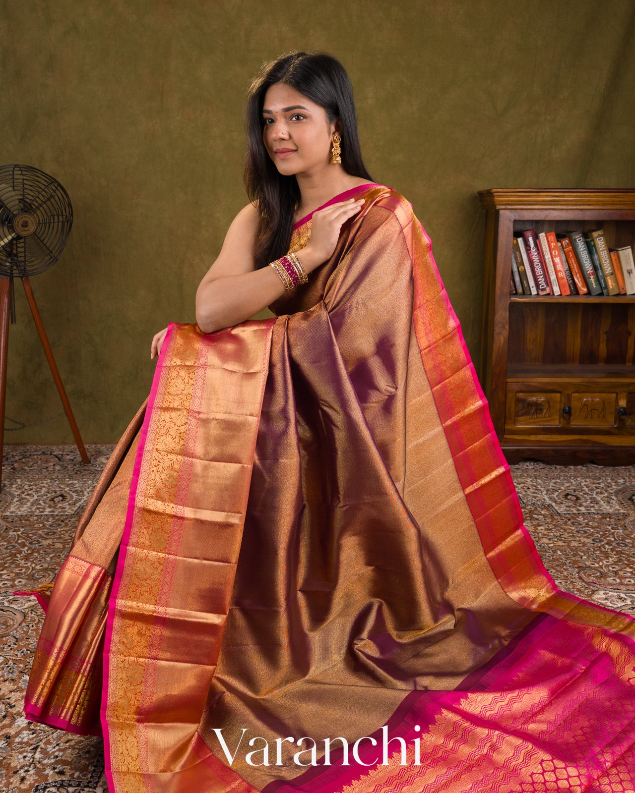 Golden Brown Vaira Oosi Pure Kanchipuram Silk Handloom Saree